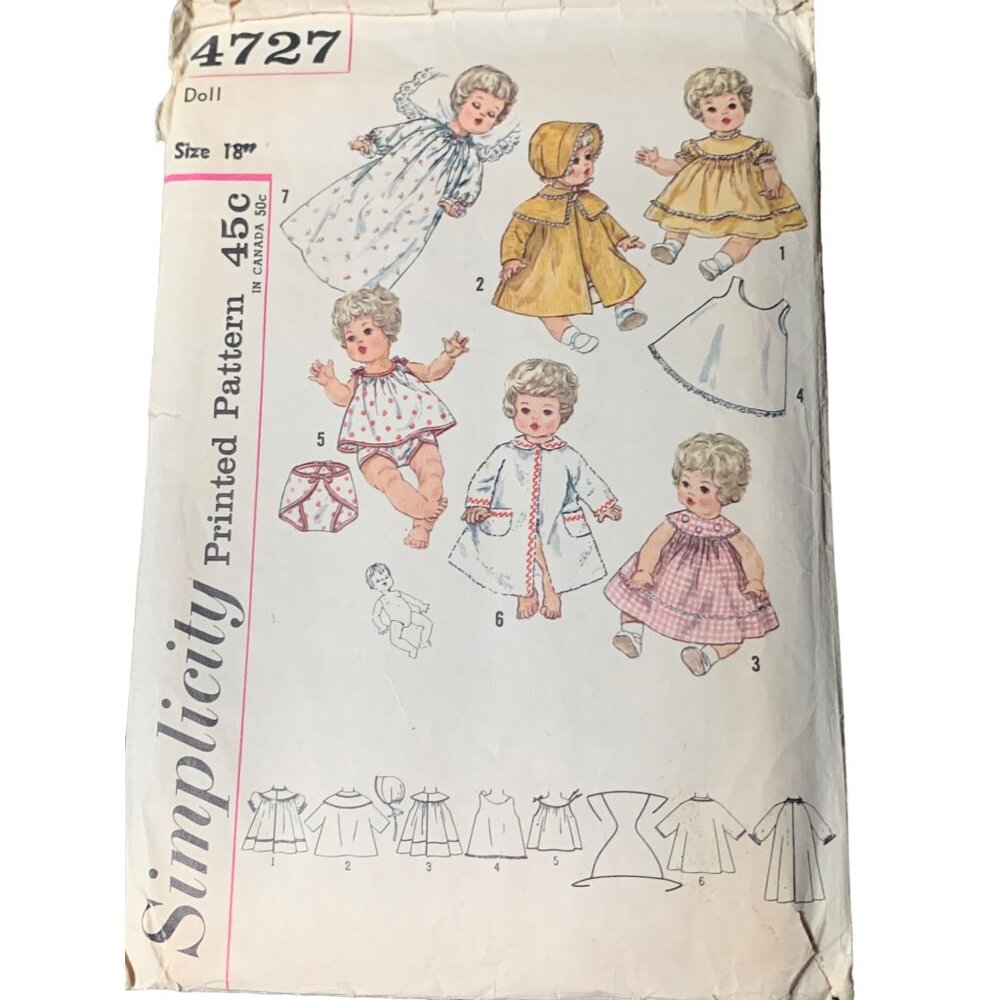 Simplicity 4727 Doll Clothes Sewing Pattern Size 18" Betsy Wetsy 1970s